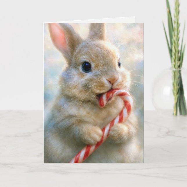Christmas Bunny Rabbit Nibbling On a Candy Cane Kort (Framsida)