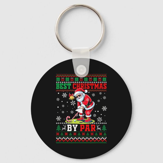 Christmas By Par Santa Sweater Playing Golf Golfer Nyckelring (Framsida)