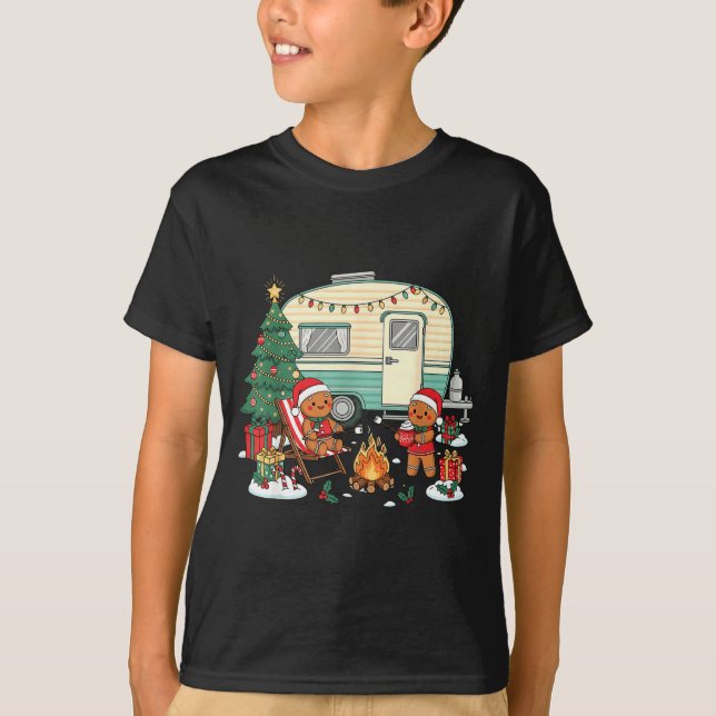 Christmas Camng Gingerbread Campfire Tree Santa Ha T Shirt (Framsida)