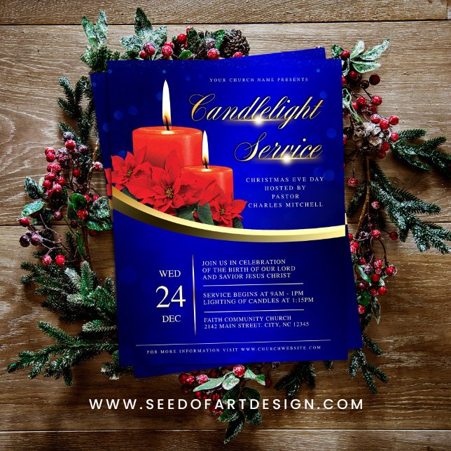 Christmas Candlelight Poinsettia Blue Church Reklamblad (Skapare uppladdad)