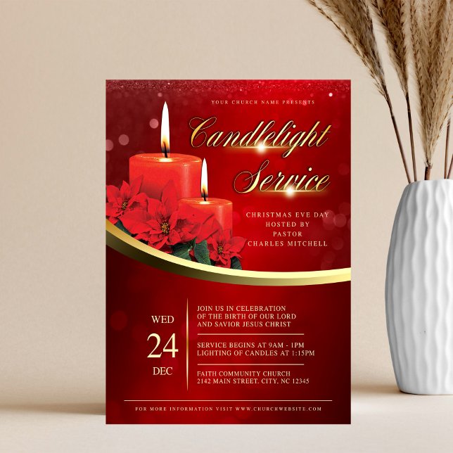 Christmas Candlelight Poinsettia Red Church Reklamblad (Skapare uppladdad)