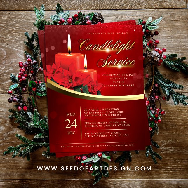 Christmas Candlelight Poinsettia Red Church Reklamblad (Skapare uppladdad)