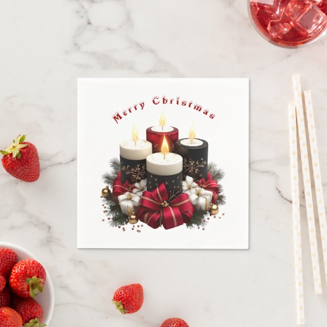 Christmas Candles Red White Satin Ribbon Pappersservett (Insitu)