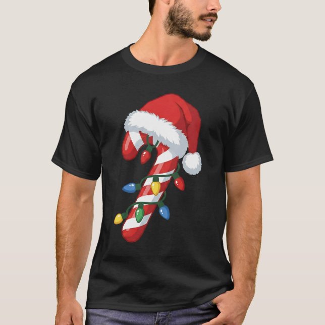 Christmas Candy Cane Santa Hat Xmas Lights T Shirt (Framsida)