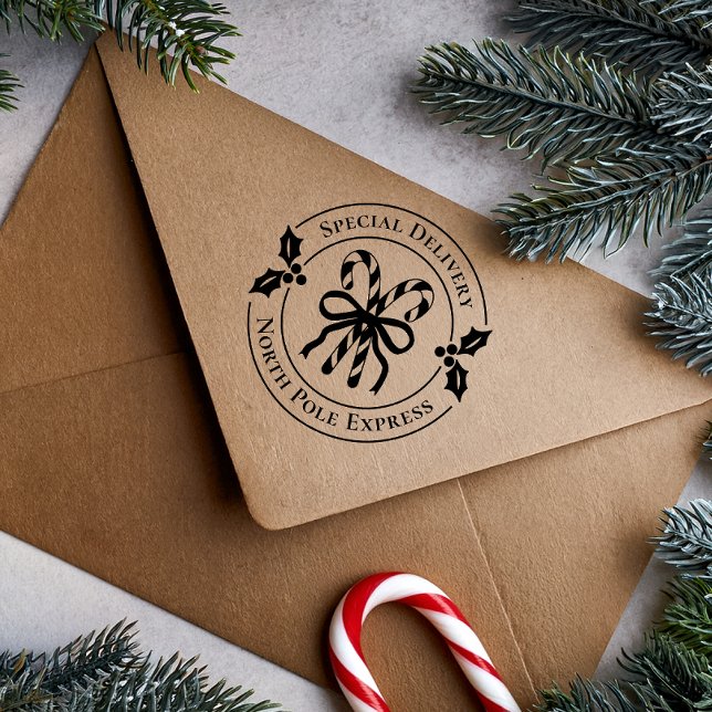 Christmas Candy Cane Wood Art Stamp Stämpel (Stamp on brown kraft envelope)