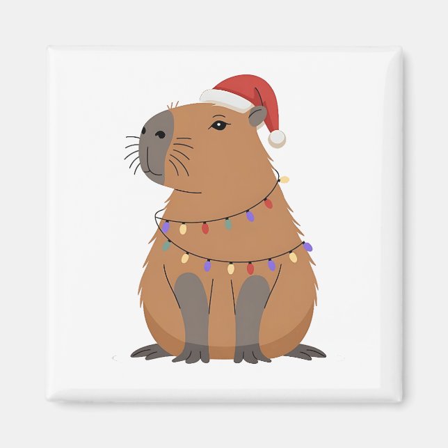 Christmas Capybara With Santa Hat Xmas Lights Magnet (Framsidan)