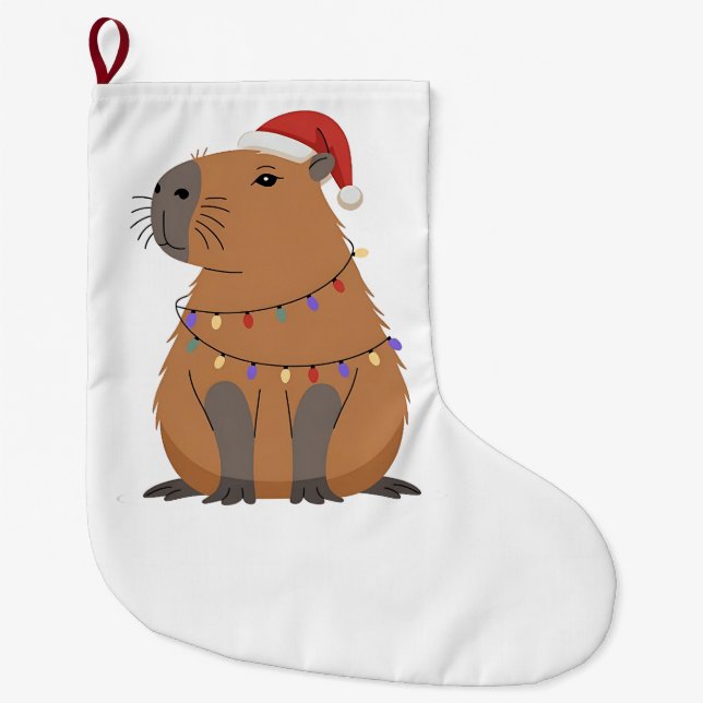 Christmas Capybara With Santa Hat Xmas Lights Stor Julstrumpa (Framsidan)