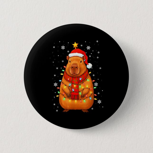 Christmas Capybara With Santa Hat Xmas Lights Tree Knapp (Framsida)