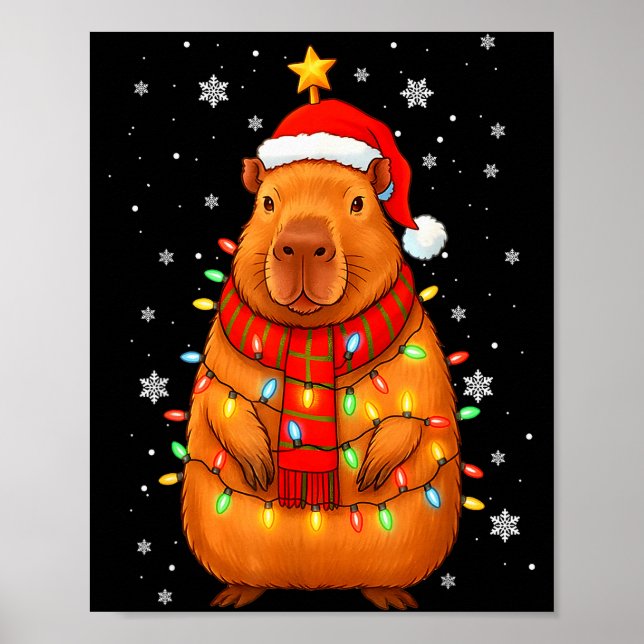 Christmas Capybara With Santa Hat Xmas Lights Tree Poster (Framsidan)