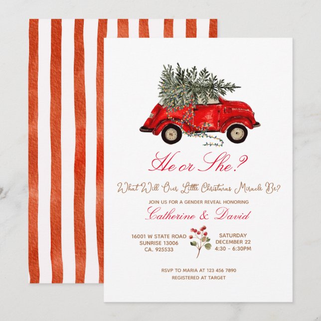Christmas Car and Tree Gender Reveal Invitation Inbjudningar (Fram/baksida)