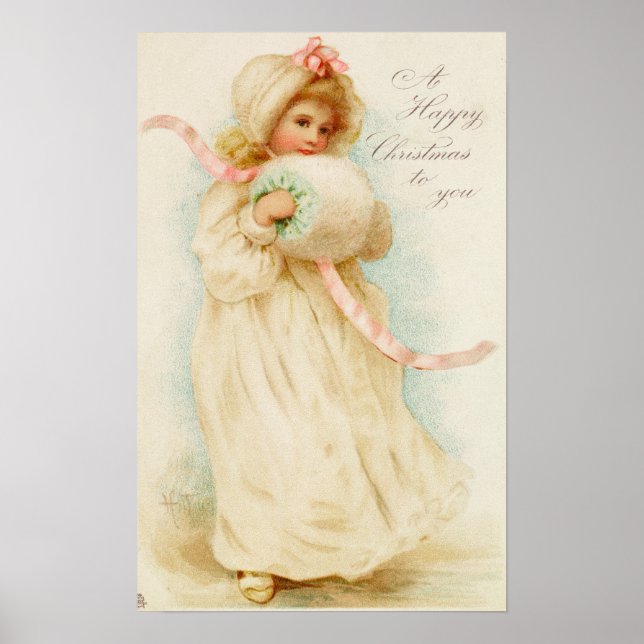Christmas card depicting a girl with a muff poster (Framsidan)