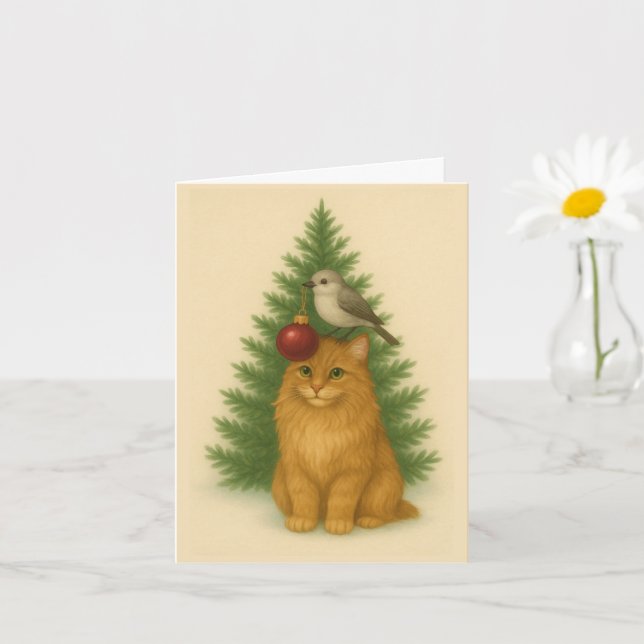 Christmas Card — Funny Cat & Bird by the Tree Kort (Liten växt)