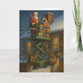 Christmas card funny Santa on scissor lift Kort