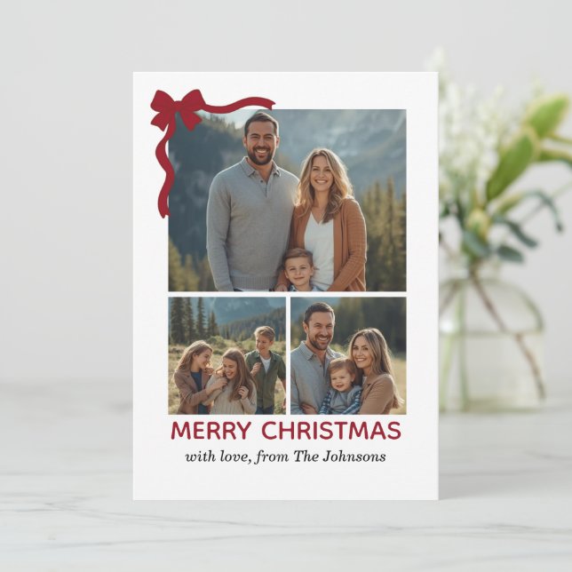 Christmas Card – Red Bow, 4 Photo, Personalized Tack Kort (Stående Fram)