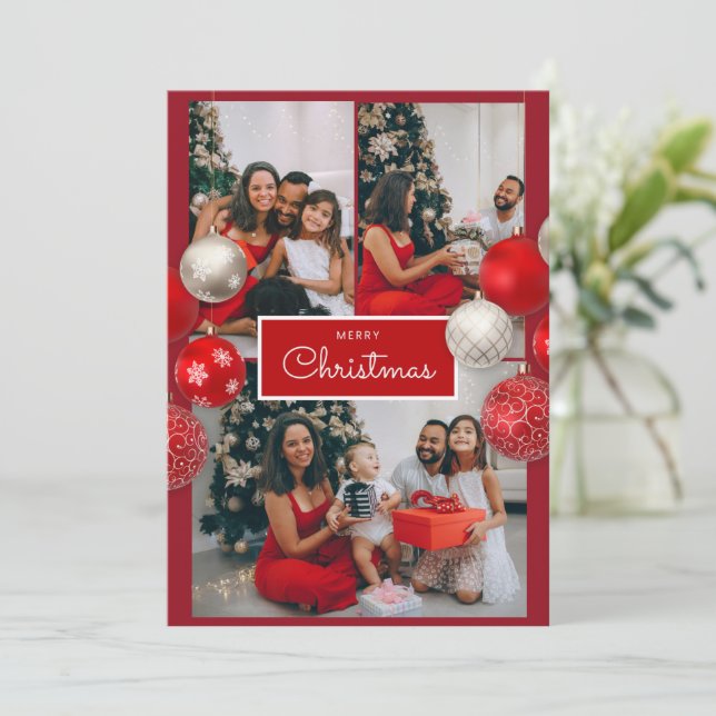 Christmas Card – Red Bow, 4 Photo, Personalized Tack Kort (Stående Fram)