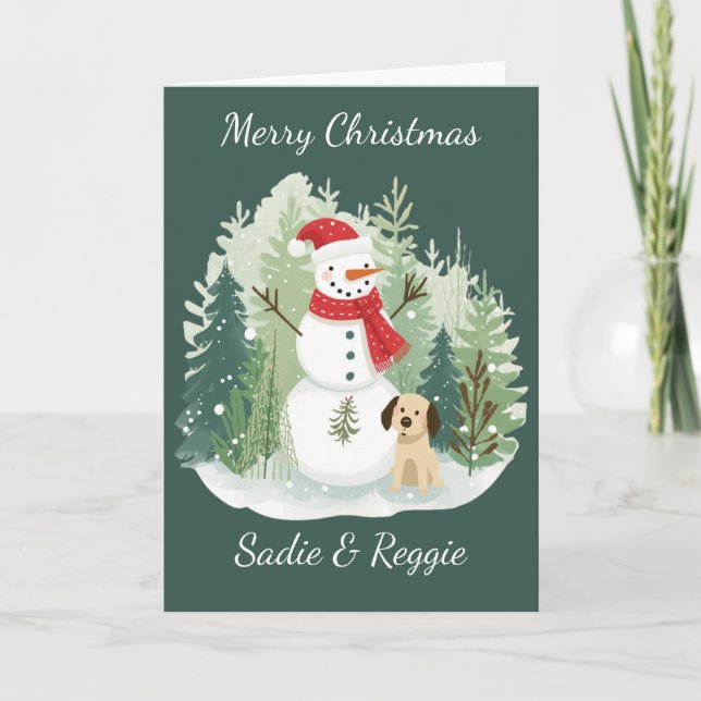 Christmas Card watercolor  - Snowman and Dog Kort (Framsida)