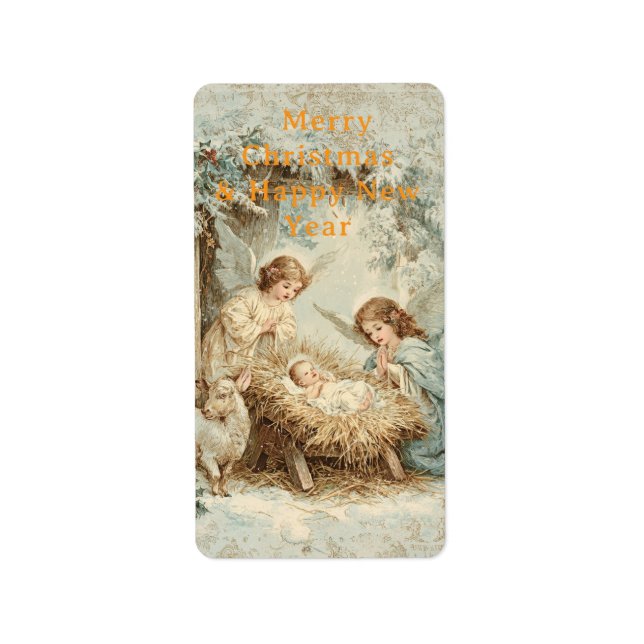 Christmas card with baby Jesus in a manger and ang Adressetikett (Framsidan)