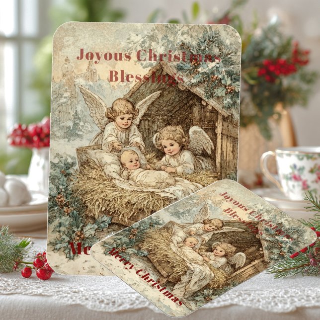 Christmas card with baby Jesus in a manger and ang Magnet (Skapare uppladdad)