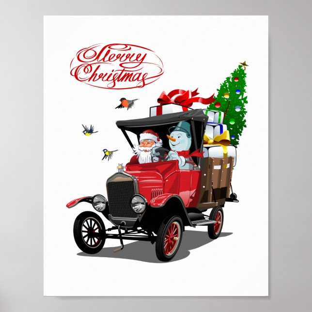 Christmas card with cartoon Santa`s truck Poster (Framsidan)