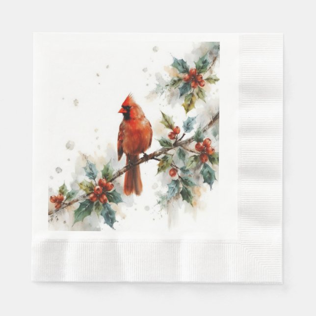 Christmas Cardinal and Holly Leaves Pappersservett (Framsidan)