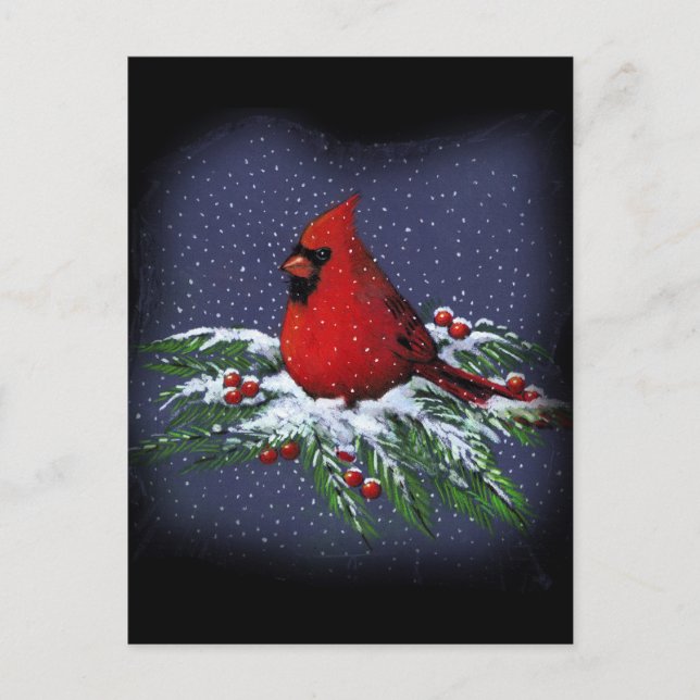 CHRISTMAS CARDINAL: BIRD: ART: SNÖ HELG VYKORT (Framsida)
