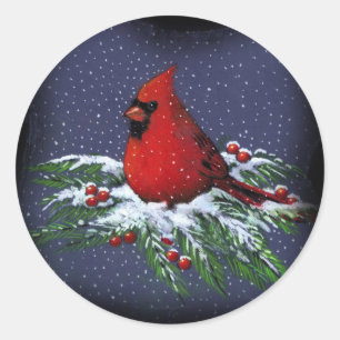 CHRISTMAS CARDINAL: BIRD: ART: SNÖ RUNT KLISTERMÄRKE