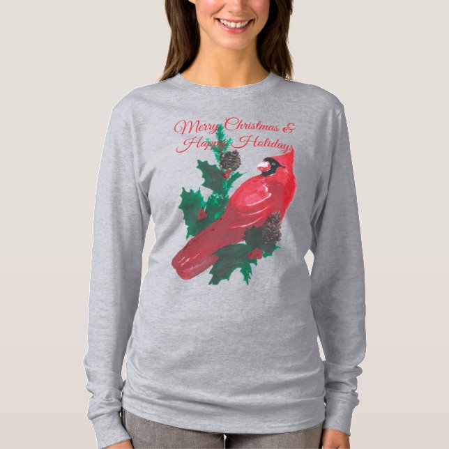 Christmas Cardinal Holly & Berries Long Sleeve Tee (Framsida)