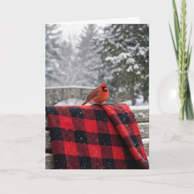 Christmas Cardinal On a Buffalo Plaid Blanket Kort (Framsida)