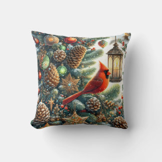 Christmas Cardinal with Pinecones and Lanterns Kudde