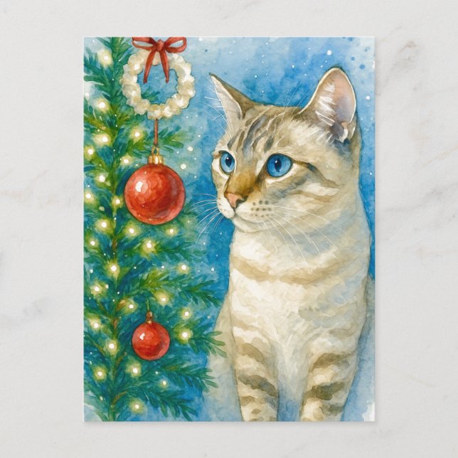 Christmas Cat by the Tree Postcard Helg Vykort (Framsida)