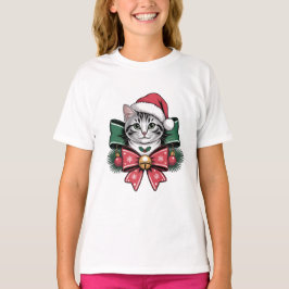 Christmas Cat Cute Festive Kitty with Santa Hat  T Shirt