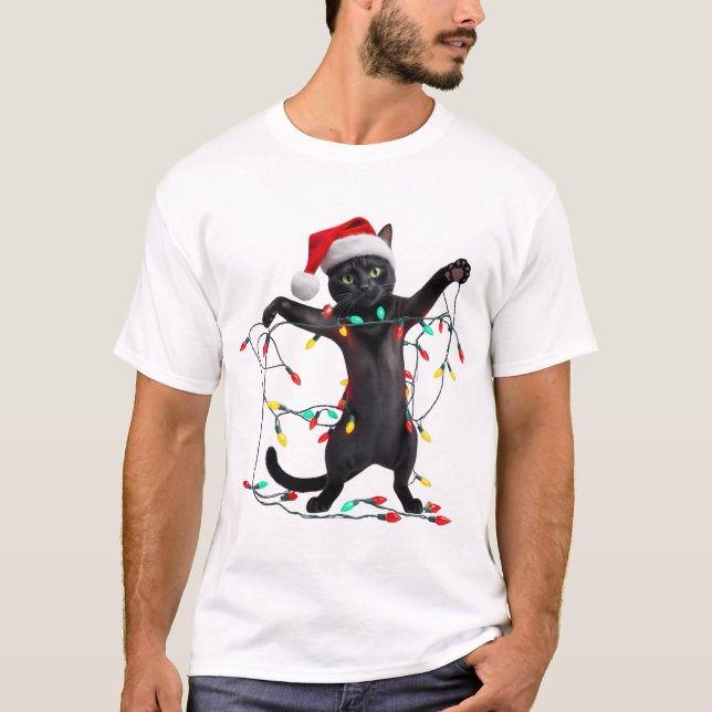 Christmas Cat Holiday Lights T Shirt (Framsida)
