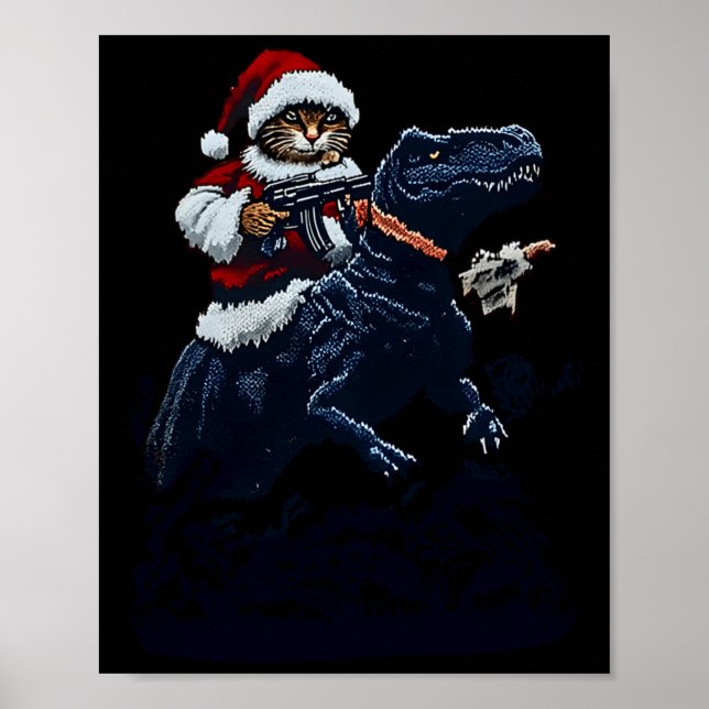 Christmas Cat In Santa Hat Holding A Gun And Dinos Poster (Framsidan)