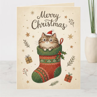 Christmas Cat in Stocking Kort