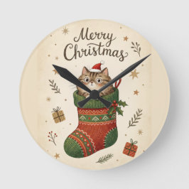 Christmas Cat in Stocking Rund Klocka