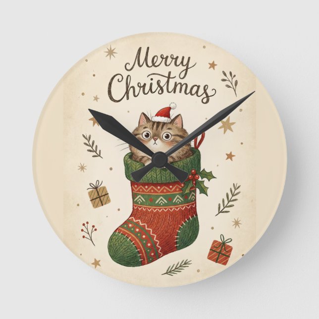 Christmas Cat in Stocking Rund Klocka (Framsida)
