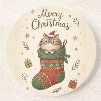 Christmas Cat in Stocking Underlägg