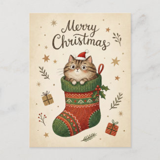 Christmas Cat in Stocking Vykort