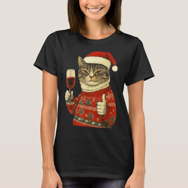 Christmas Cat Likes Cute Cat Drinking Wine With Sa T Shirt (Framsida)
