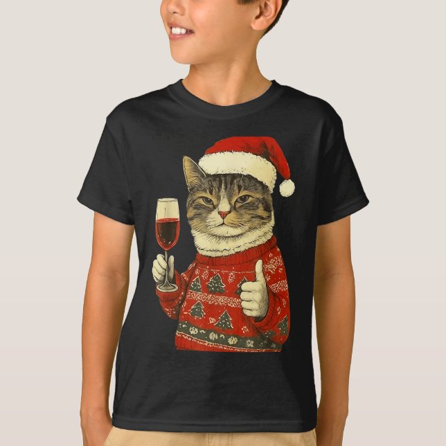 Christmas Cat Likes Cute Cat Drinking Wine With Sa T Shirt (Framsida)