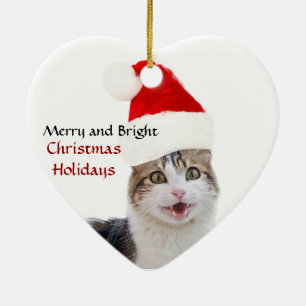 CHRISTMAS CAT MED JULTOMTEN HAT HEART JULGRANSPRYDNAD KERAMIK