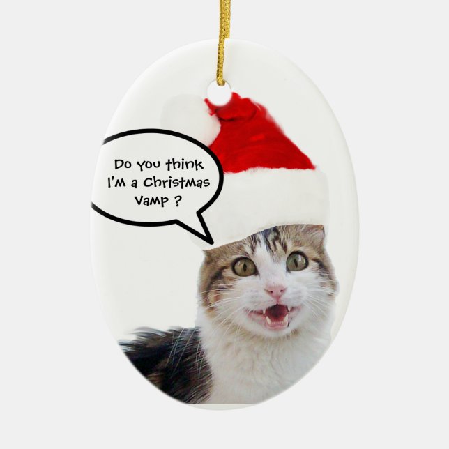 CHRISTMAS CAT MED JULTOMTEN HAT JULGRANSPRYDNAD KERAMIK (Framsidan)