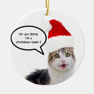 CHRISTMAS CAT MED JULTOMTEN HAT JULGRANSPRYDNAD KERAMIK