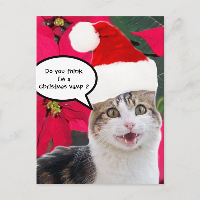 CHRISTMAS CAT MED JULTOMTEN HAT OCH POINSETTIAS HELG VYKORT (Framsida)