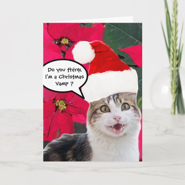 CHRISTMAS CAT MED JULTOMTEN HAT OCH POINSETTIAS HELGKORT (Framsida)