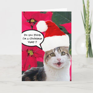 CHRISTMAS CAT MED JULTOMTEN HAT OCH POINSETTIAS HELGKORT