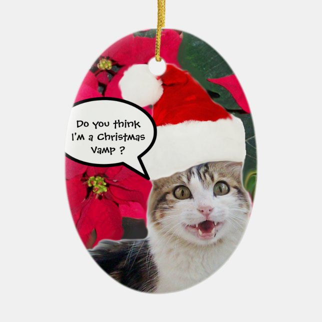 CHRISTMAS CAT MED JULTOMTEN HAT OCH POINSETTIAS JULGRANSPRYDNAD KERAMIK (Framsidan)