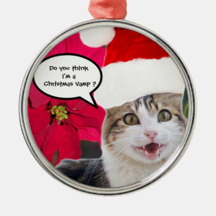 CHRISTMAS CAT MED JULTOMTEN HAT OCH POINSETTIAS JULGRANSPRYDNAD METALL