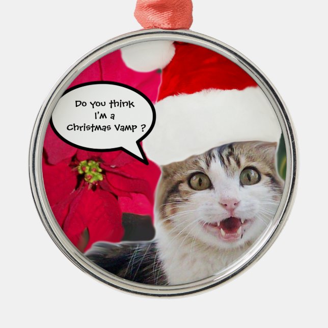 CHRISTMAS CAT MED JULTOMTEN HAT OCH POINSETTIAS JULGRANSPRYDNAD METALL (Framsidan)