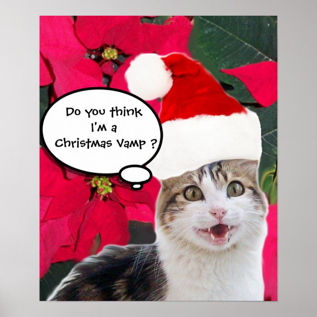 CHRISTMAS CAT MED JULTOMTEN HAT OCH POINSETTIAS POSTER (Framsidan)